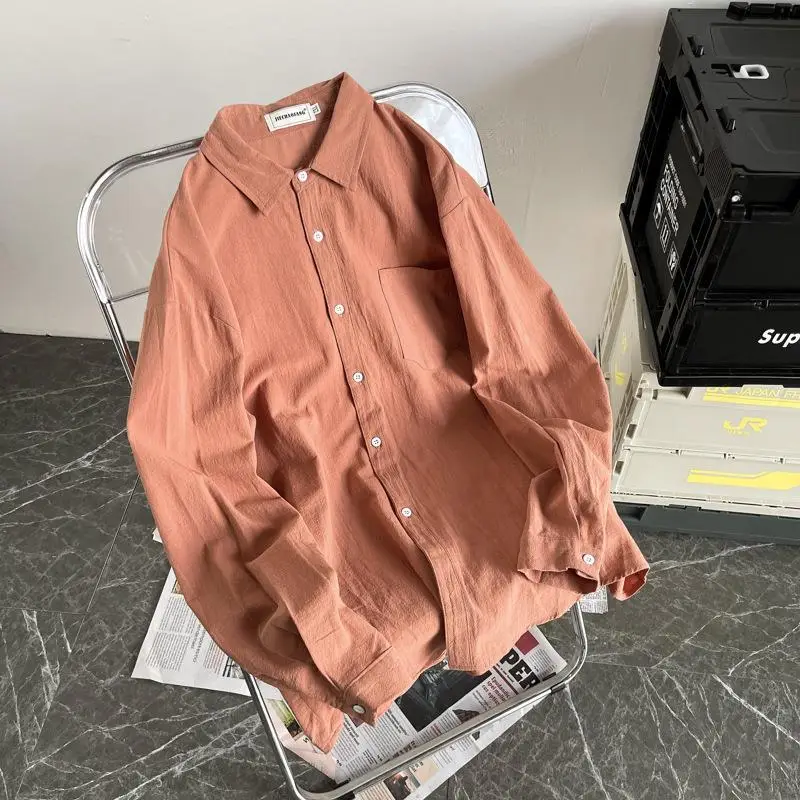 Men's Long Sleeve Linen Shirt Grey Loose Spring Autumn - Image 9