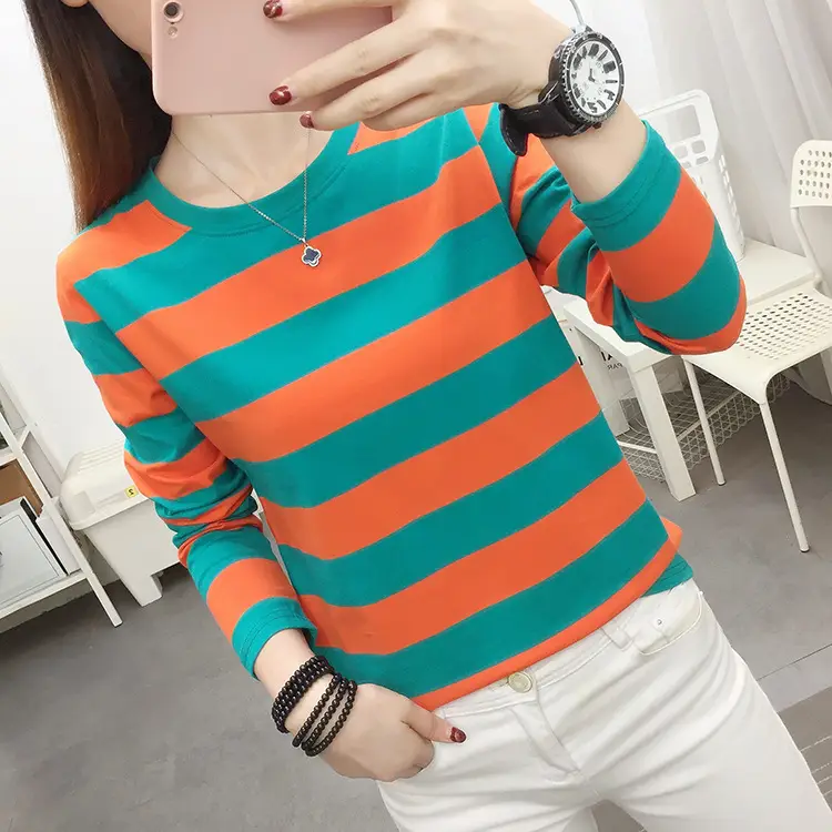 Women Long Sleeve Striped T-Shirt Orange Teal Plus Size - Image 22