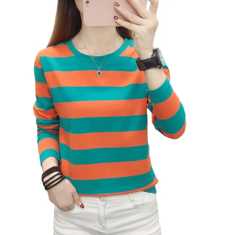 Women Long Sleeve Striped T-Shirt Orange Teal Plus Size - Image 26