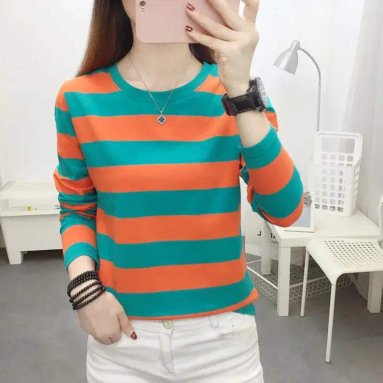 Women Long Sleeve Striped T-Shirt Orange Teal Plus Size - Image 7
