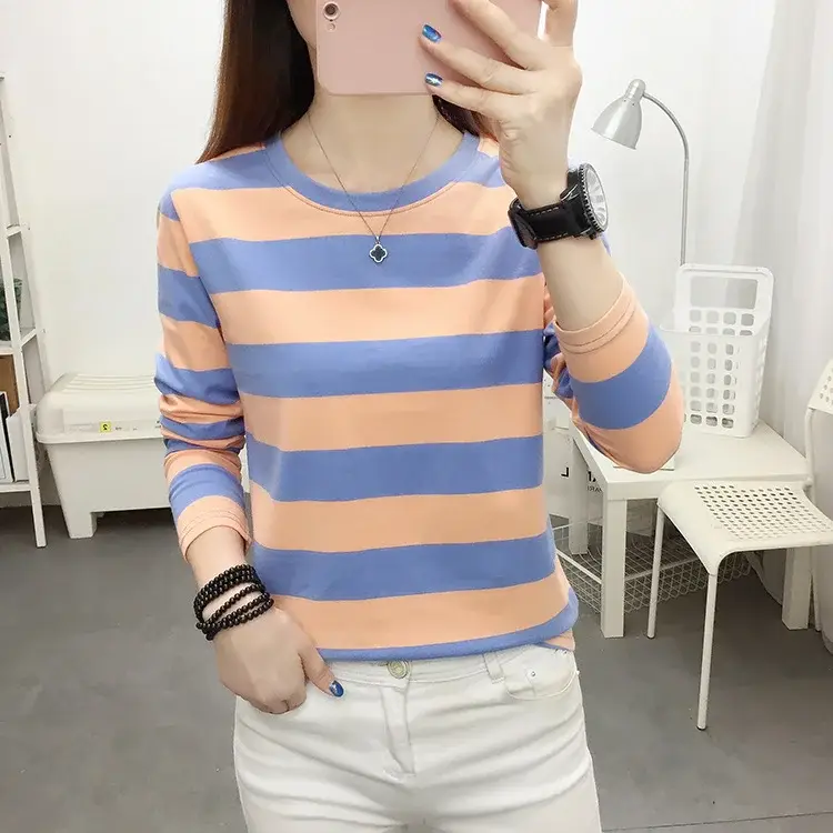 Women Long Sleeve Striped T-Shirt Orange Teal Plus Size - Image 9