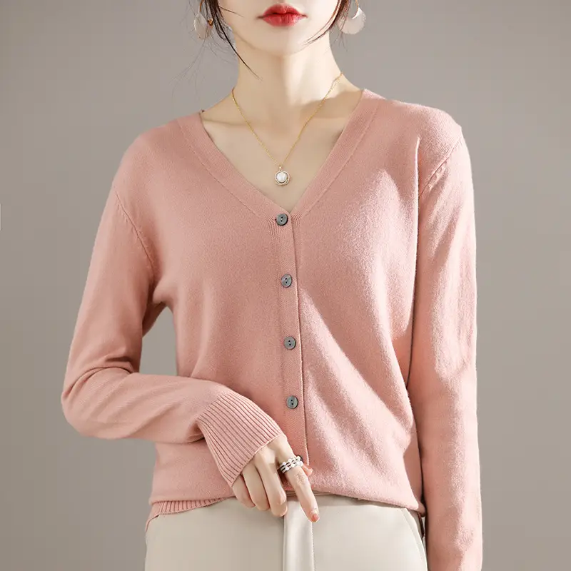 Women's Brown Knitted V-Neck Cardigan Long Sleeve - Image 22