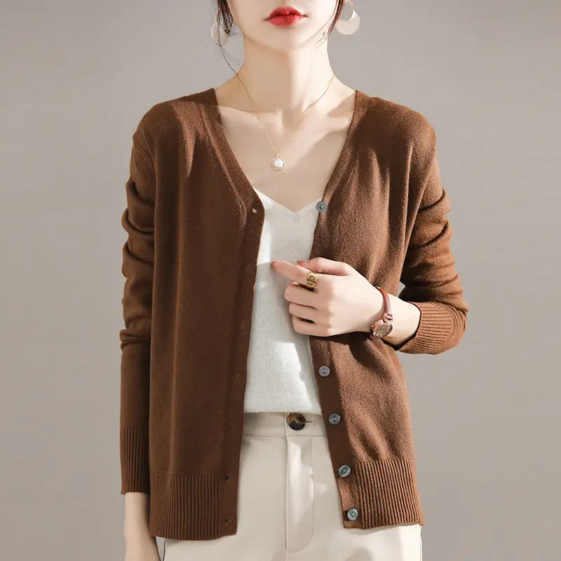 Women's Brown Knitted V-Neck Cardigan Long Sleeve - Image 23