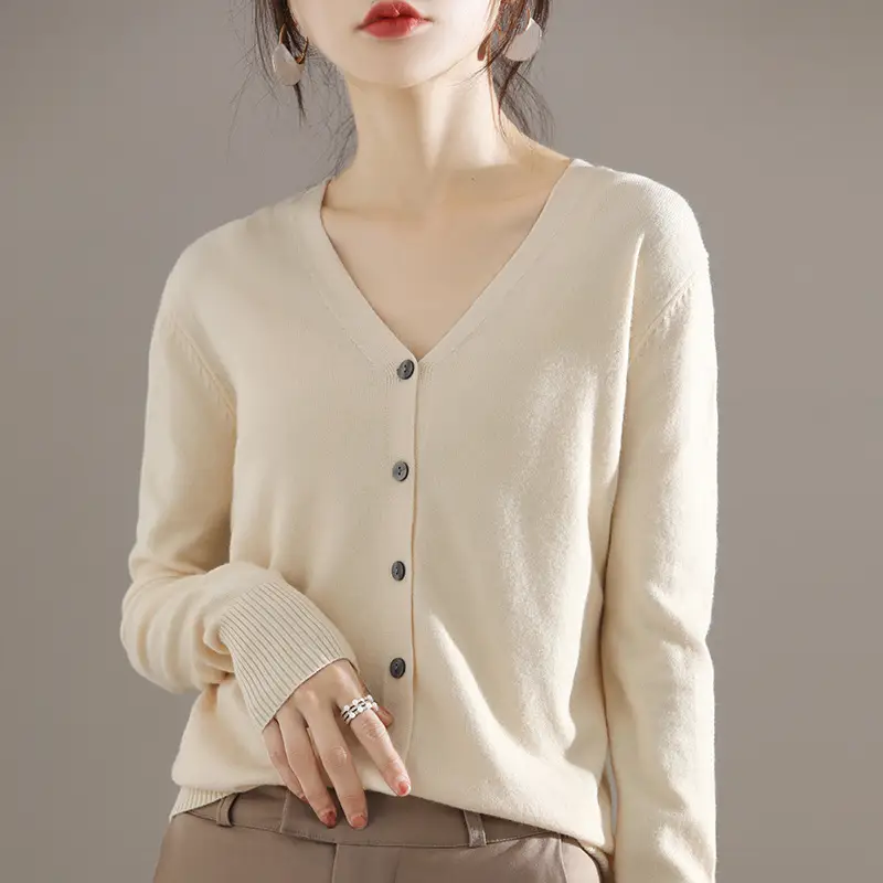 Women's Brown Knitted V-Neck Cardigan Long Sleeve - Image 24