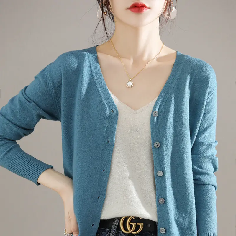 Women's Brown Knitted V-Neck Cardigan Long Sleeve - Image 11