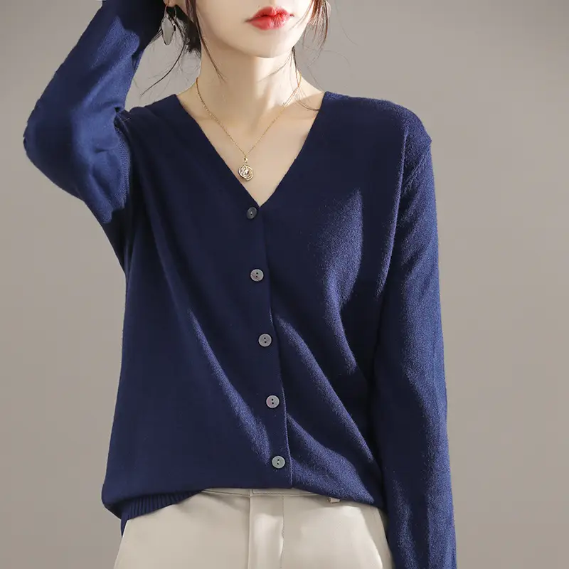 Women's Brown Knitted V-Neck Cardigan Long Sleeve - Image 13