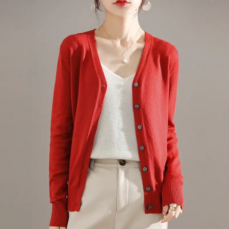 Women's Brown Knitted V-Neck Cardigan Long Sleeve - Image 14