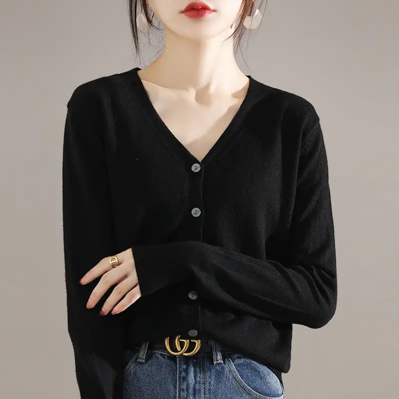 Women's Brown Knitted V-Neck Cardigan Long Sleeve - Image 15