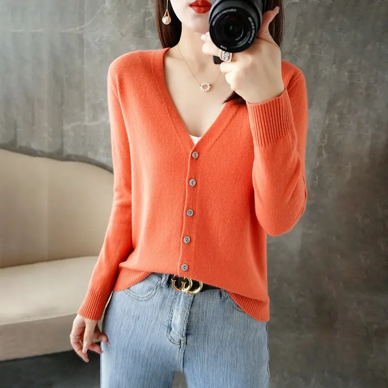 Women's Brown Knitted V-Neck Cardigan Long Sleeve - Image 16