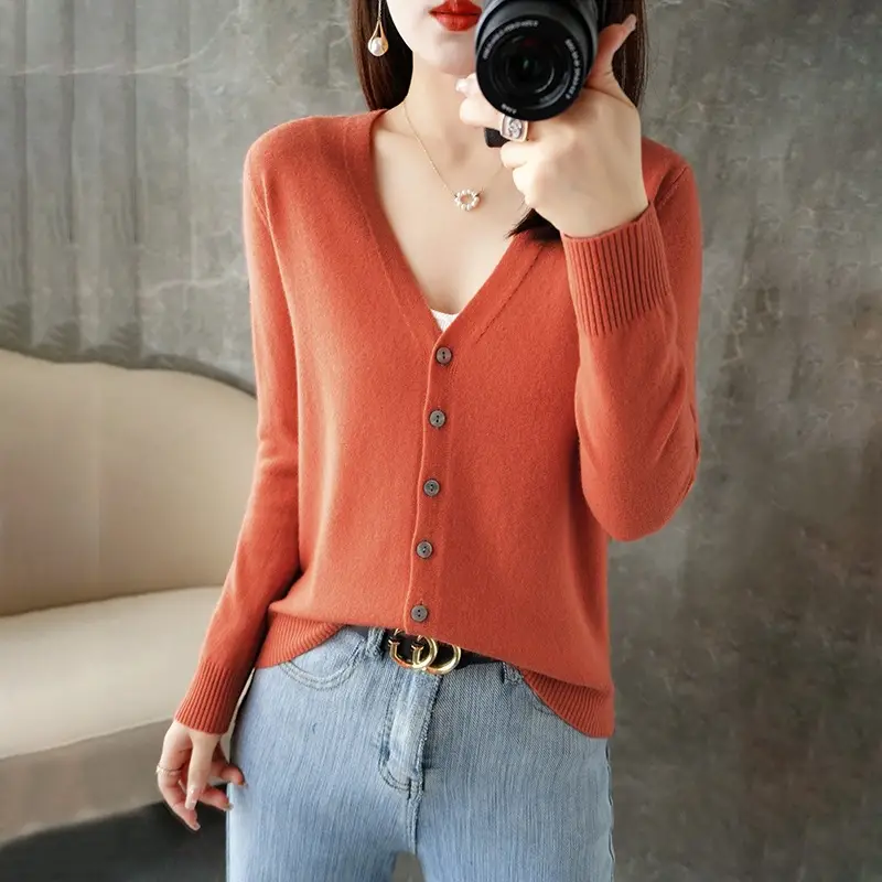 Women's Brown Knitted V-Neck Cardigan Long Sleeve - Image 20