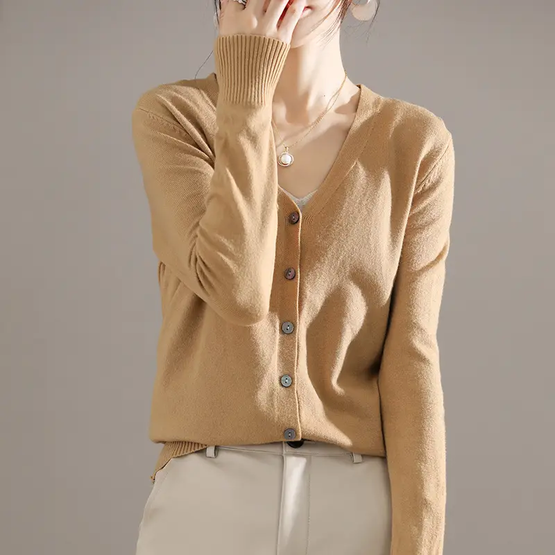 Women's Brown Knitted V-Neck Cardigan Long Sleeve - Image 4