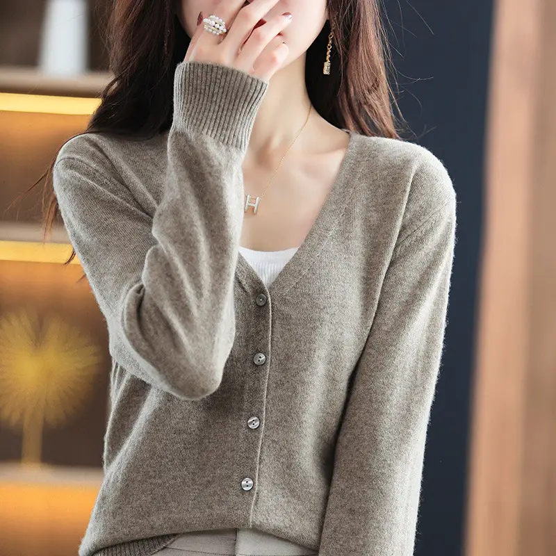 Women's Brown Knitted V-Neck Cardigan Long Sleeve - Image 5