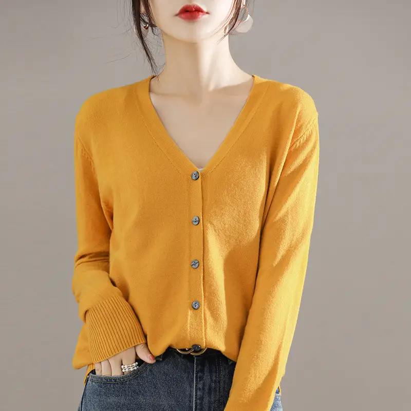 Women's Brown Knitted V-Neck Cardigan Long Sleeve - Image 6