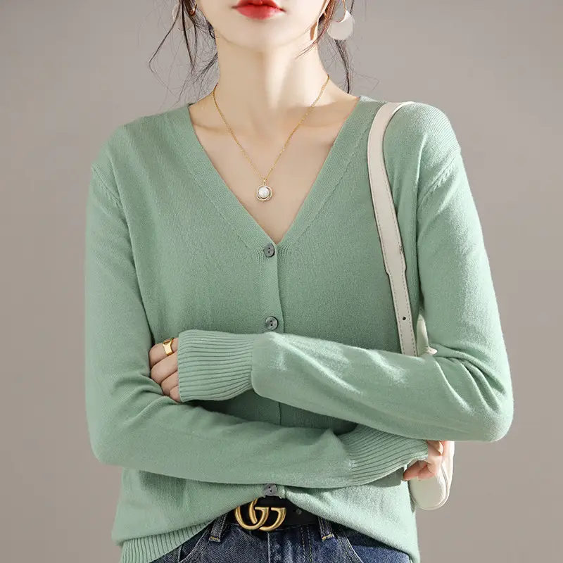 Women's Brown Knitted V-Neck Cardigan Long Sleeve - Image 7