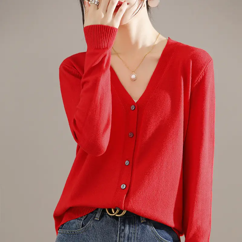 Women's Brown Knitted V-Neck Cardigan Long Sleeve - Image 8