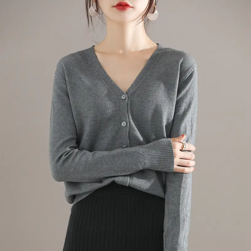 Women's Brown Knitted V-Neck Cardigan Long Sleeve - Image 9