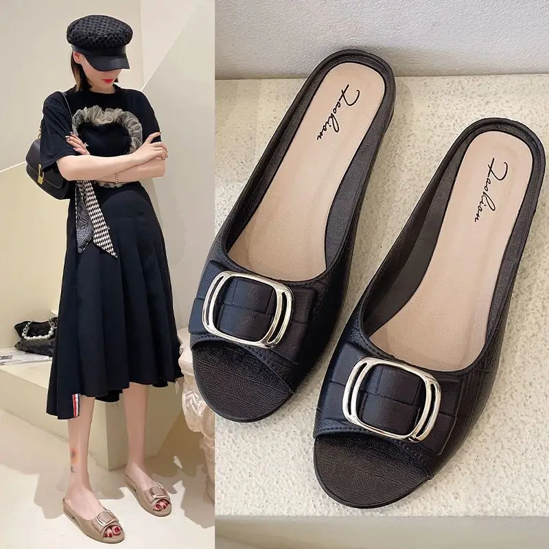 Summer New Ladies Casual Flat Sandals Square Buckle Half Slippers Korean Style Daily Coarse Heel Outer Wear Factory Direct - Image 7