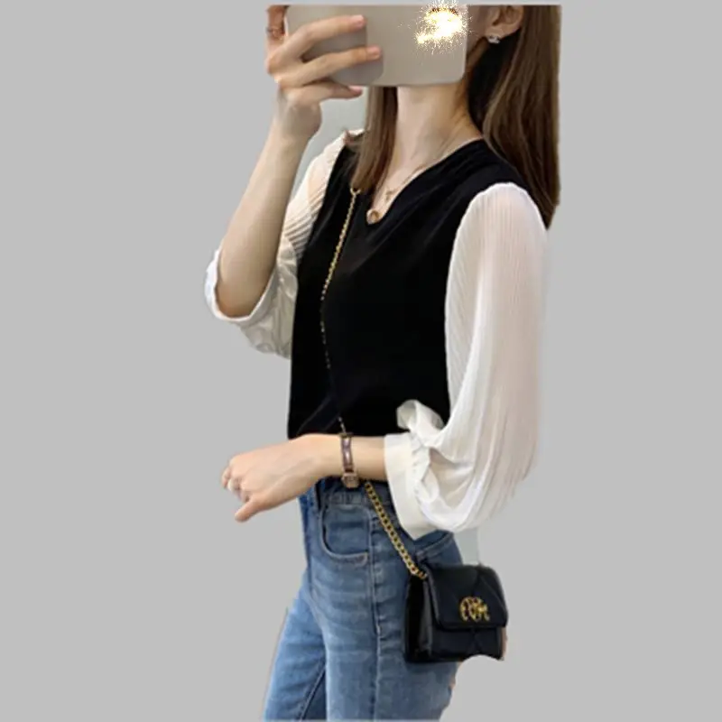 Black V-Neck Chiffon Shirt for Women Plus Size