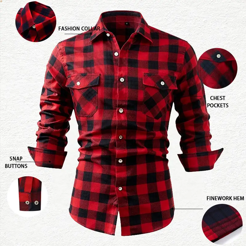 Men's Brushed Plaid Flannel Shirt Dark Blue Rice - Image 82