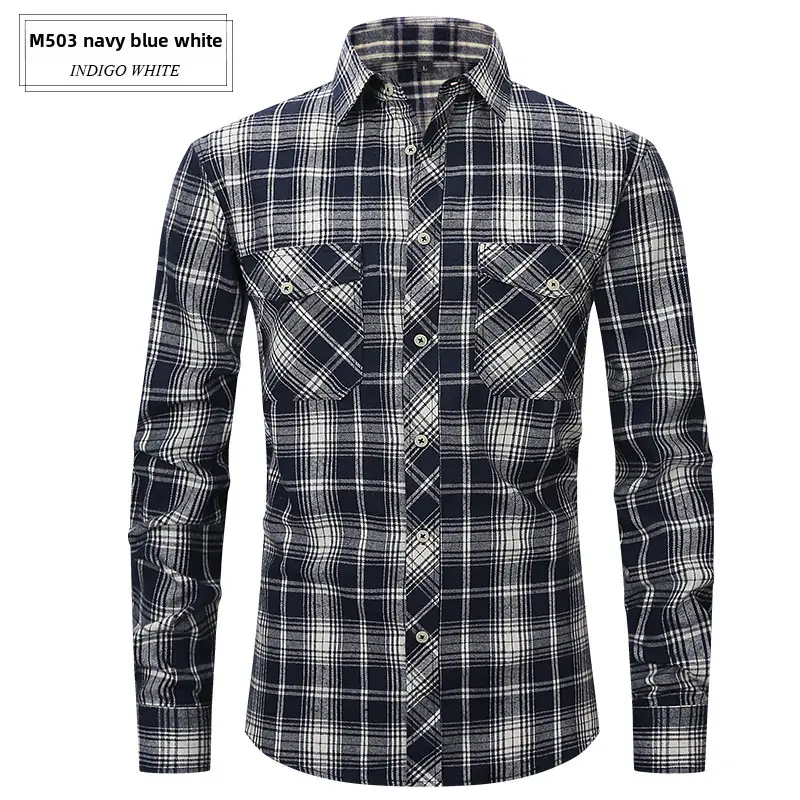 Men's Brushed Plaid Flannel Shirt Dark Blue Rice - Image 11