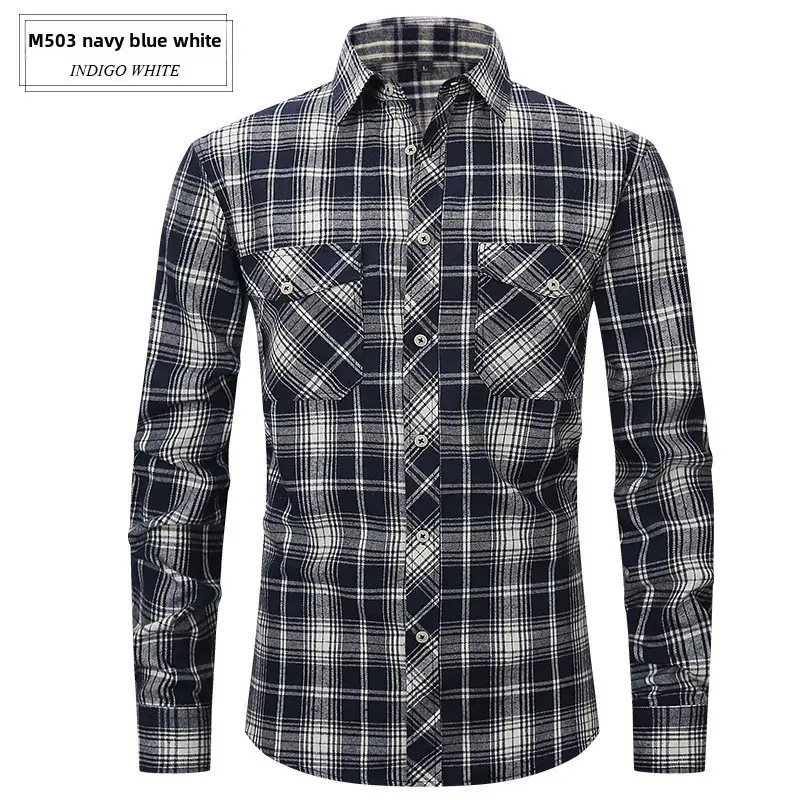 Men's Brushed Plaid Flannel Shirt Dark Blue Rice - Image 15