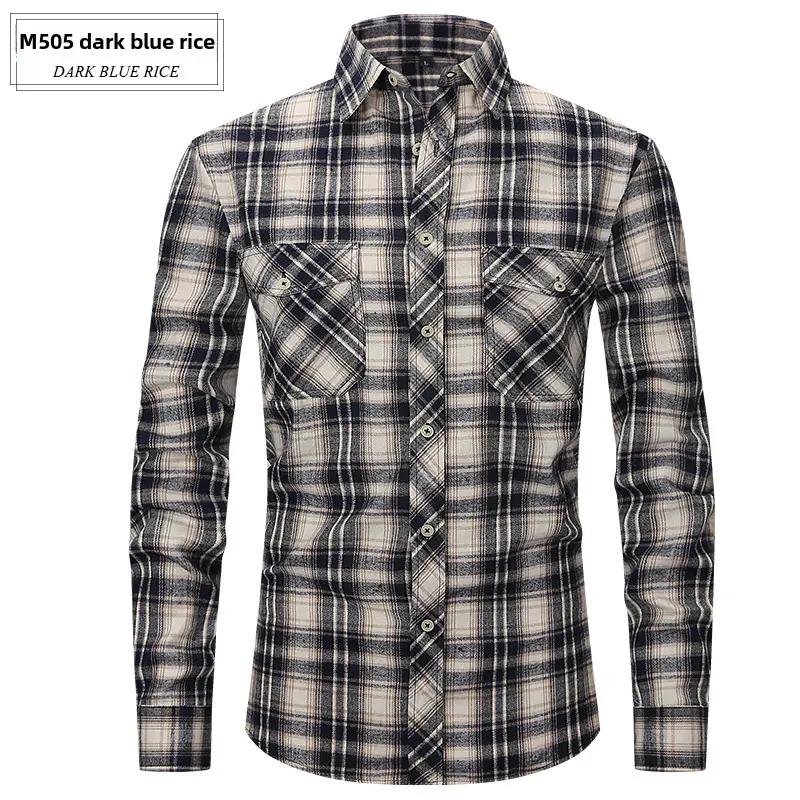 Men's Brushed Plaid Flannel Shirt Dark Blue Rice - Image 20