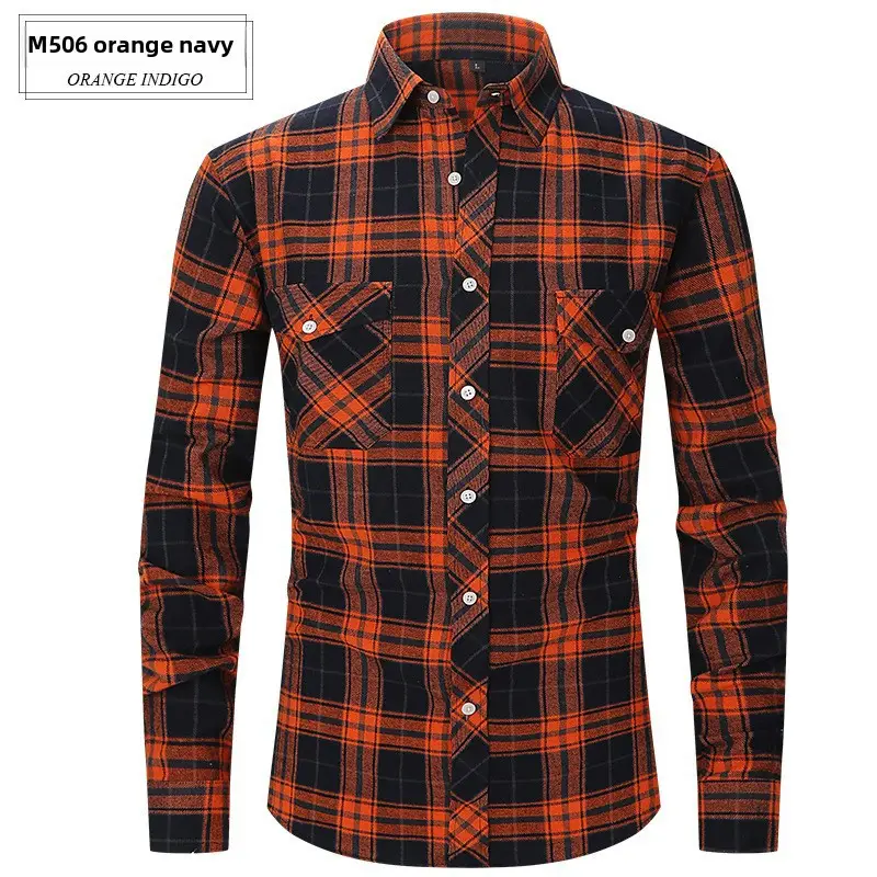 Men's Brushed Plaid Flannel Shirt Dark Blue Rice - Image 23