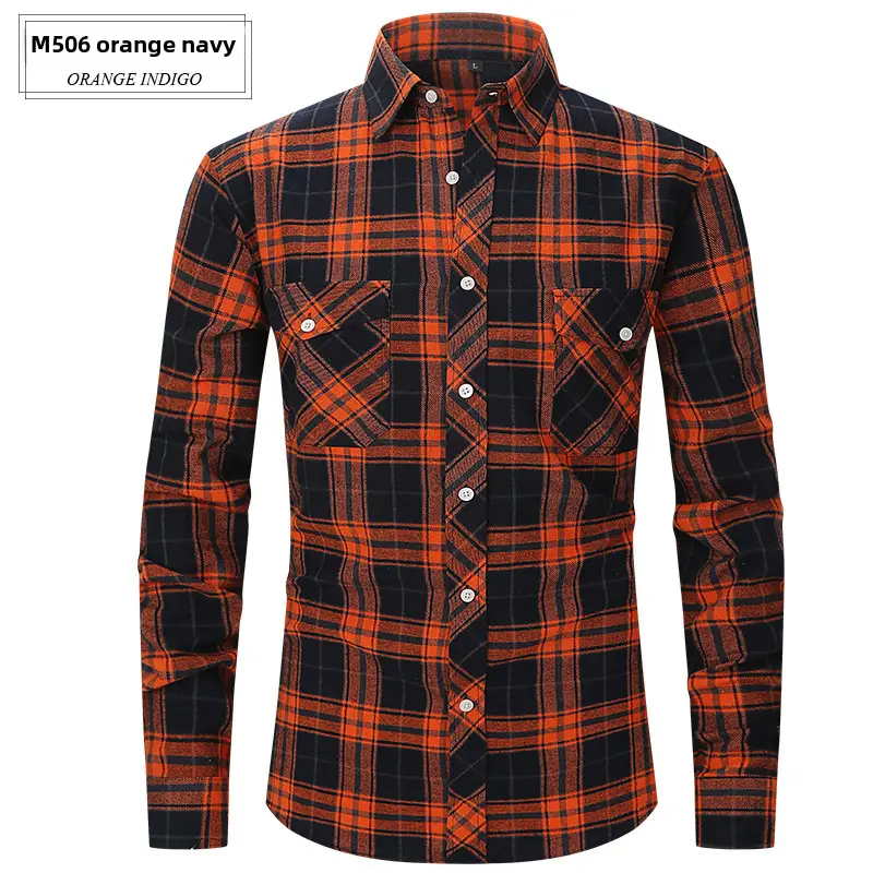 Men's Brushed Plaid Flannel Shirt Dark Blue Rice - Image 25