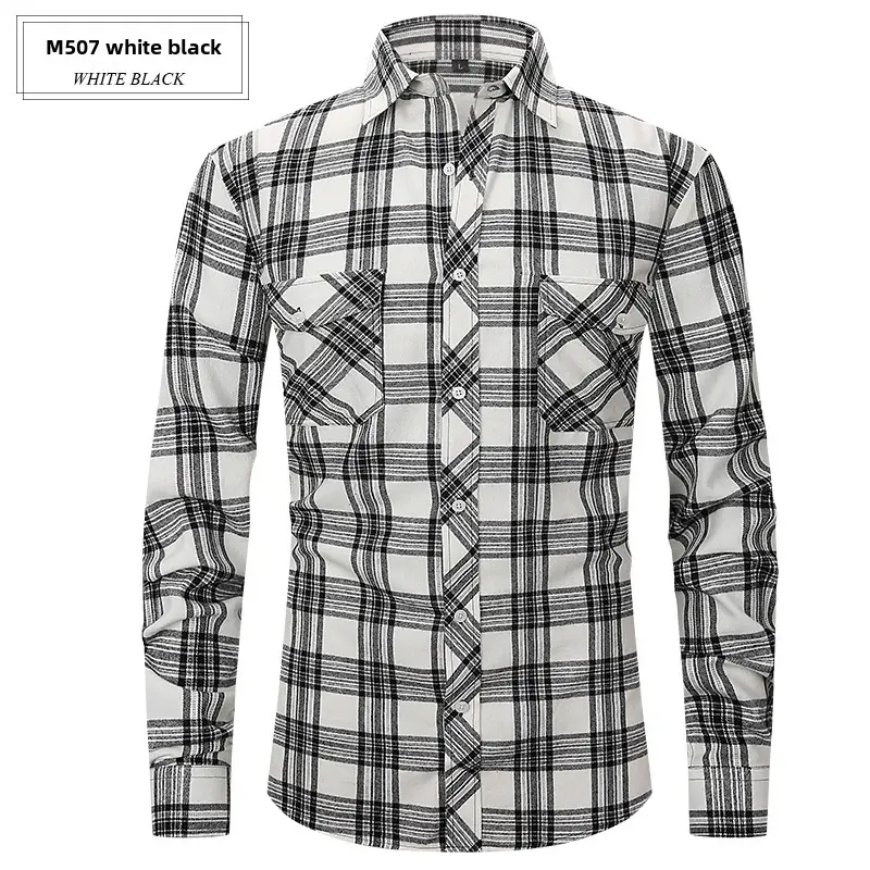 Men's Brushed Plaid Flannel Shirt Dark Blue Rice - Image 27