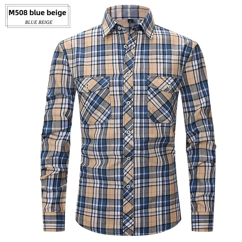 Men's Brushed Plaid Flannel Shirt Dark Blue Rice - Image 32