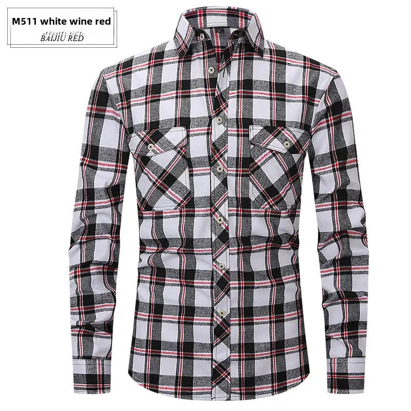 Men's Brushed Plaid Flannel Shirt Dark Blue Rice - Image 42