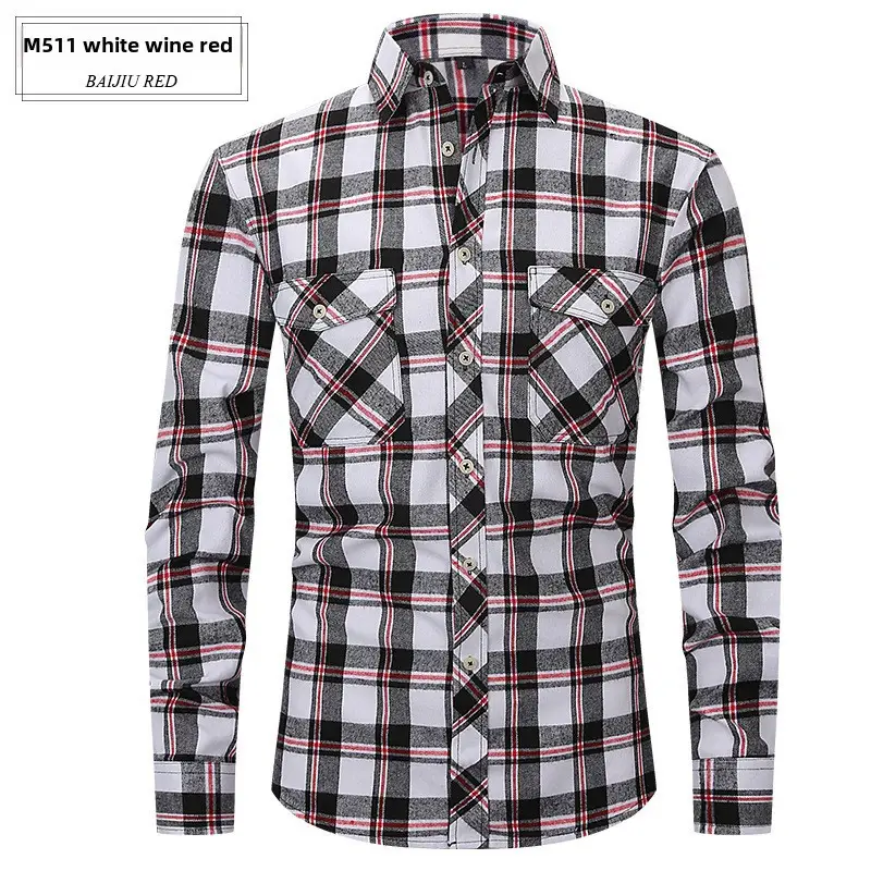Men's Brushed Plaid Flannel Shirt Dark Blue Rice - Image 44