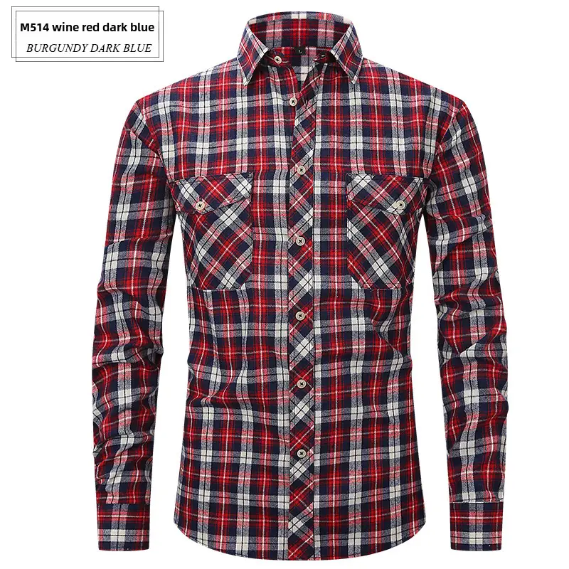 Men's Brushed Plaid Flannel Shirt Dark Blue Rice - Image 57