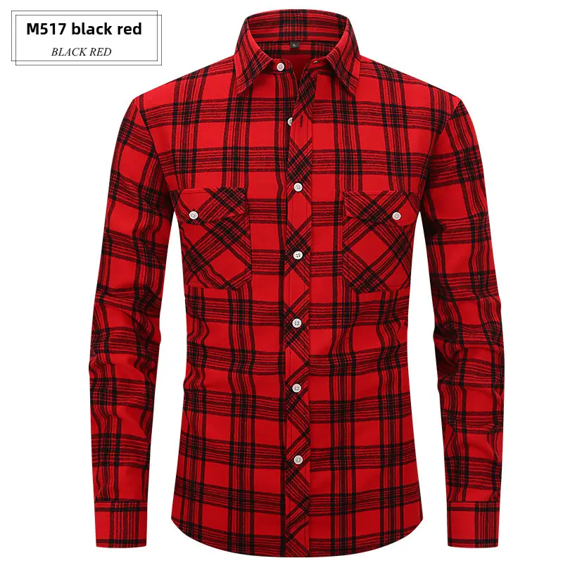 Men's Brushed Plaid Flannel Shirt Dark Blue Rice - Image 73