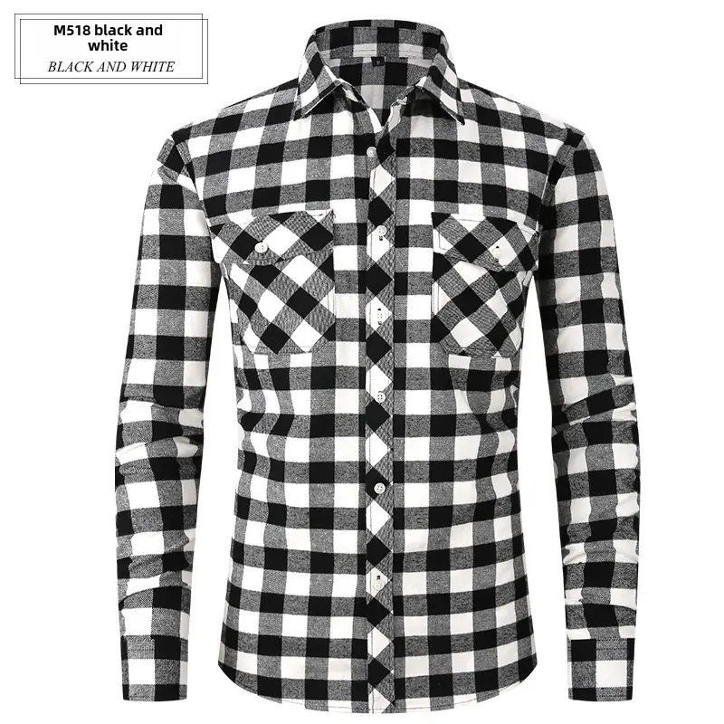 Men's Brushed Plaid Flannel Shirt Dark Blue Rice - Image 76