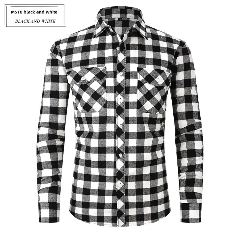 Men's Brushed Plaid Flannel Shirt Dark Blue Rice - Image 78