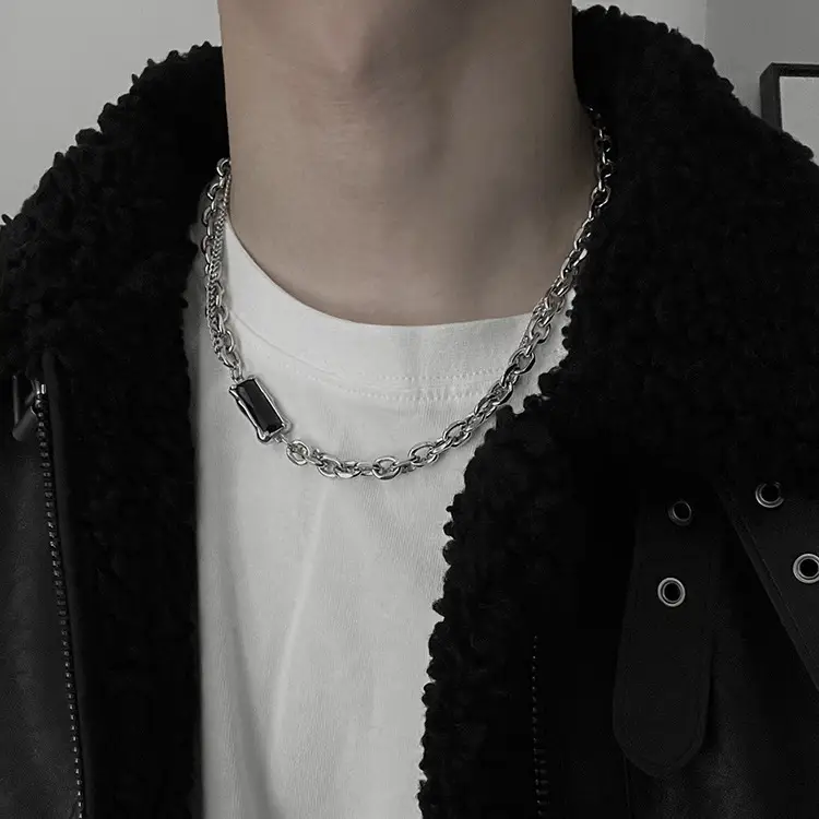 Men's Titanium Pearl Necklace with Chain & Square Bar - Image 4
