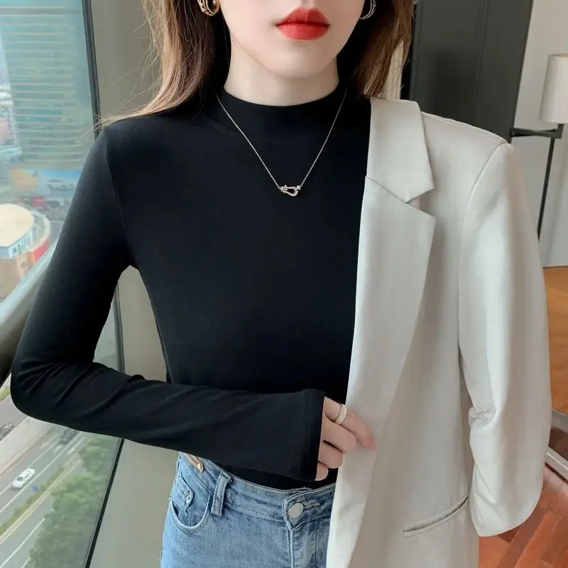 Derong Half-Turtleneck Solid Color Shirt Women's Winter Warm - Image 7