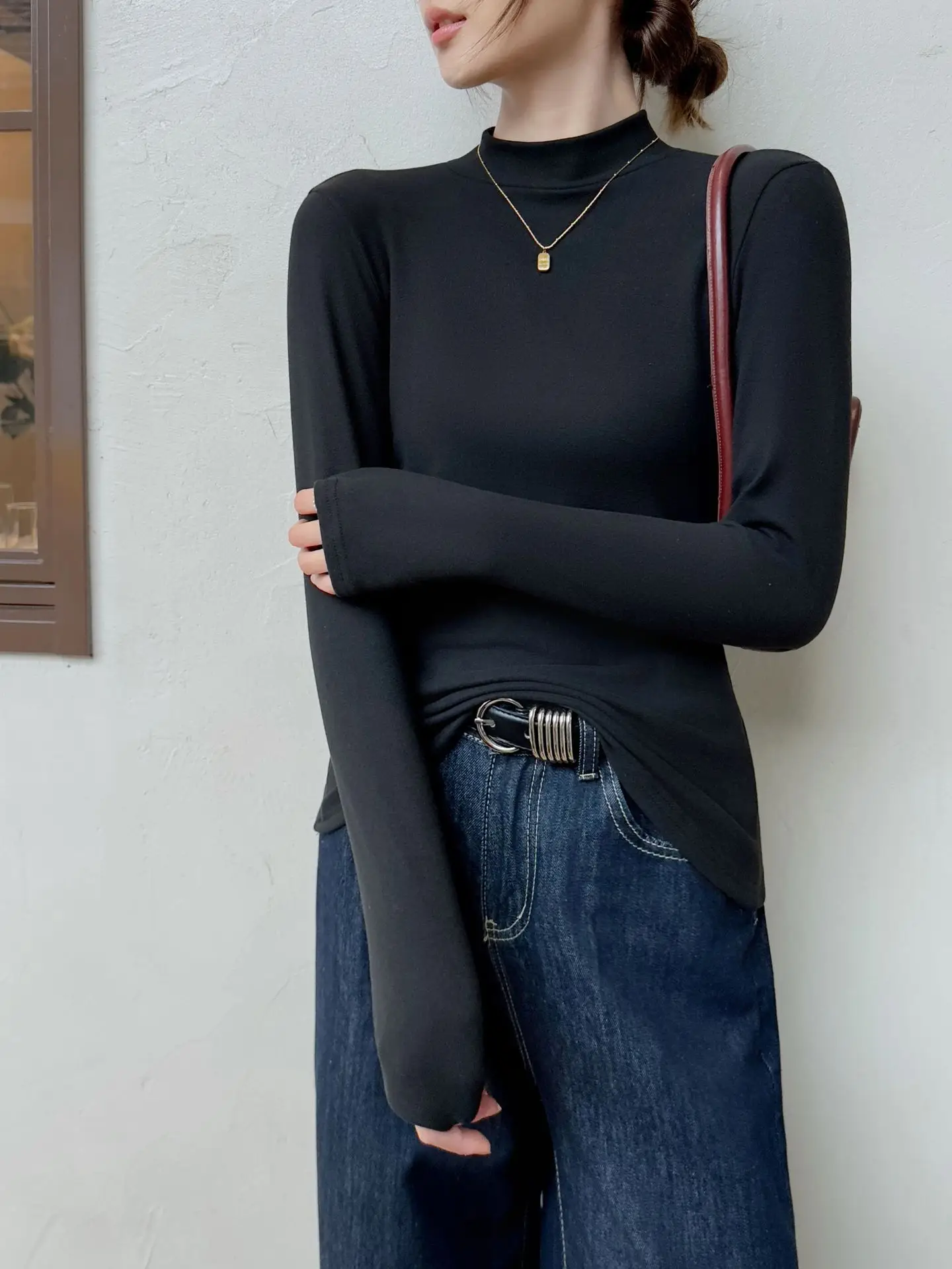 Derong Half-Turtleneck Solid Color Shirt Women's Winter Warm — feature 22