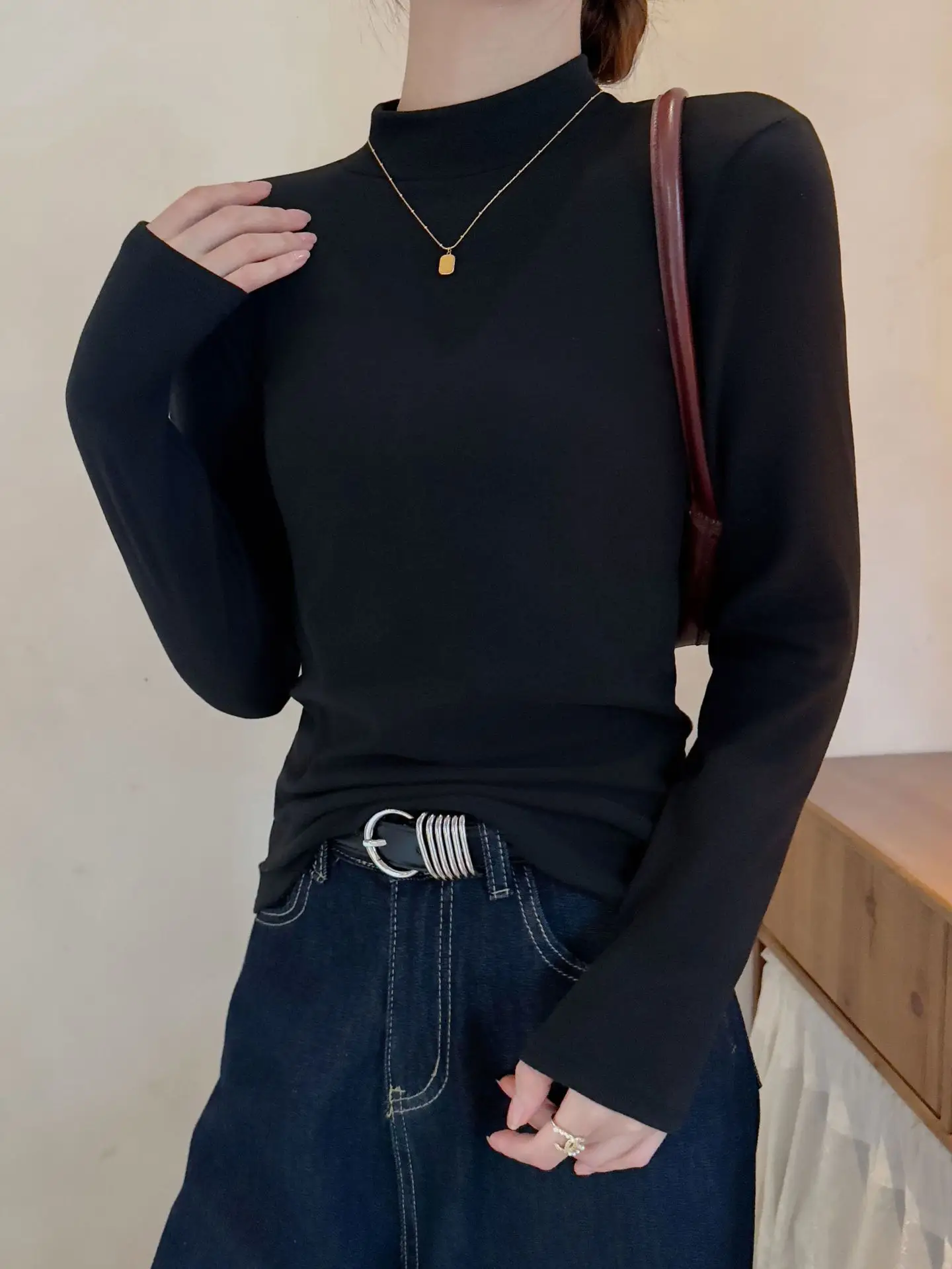 Derong Half-Turtleneck Solid Color Shirt Women's Winter Warm — feature 23