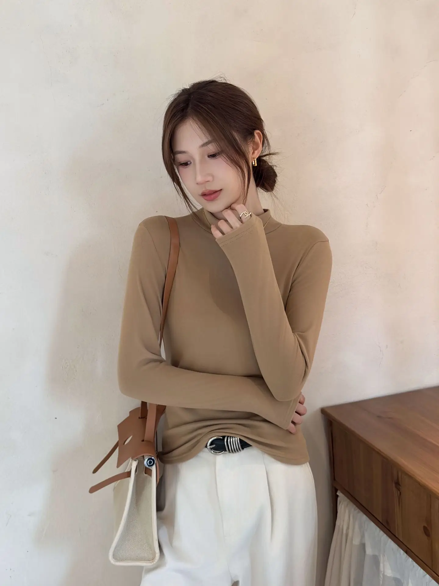 Derong Half-Turtleneck Solid Color Shirt Women's Winter Warm — feature 24