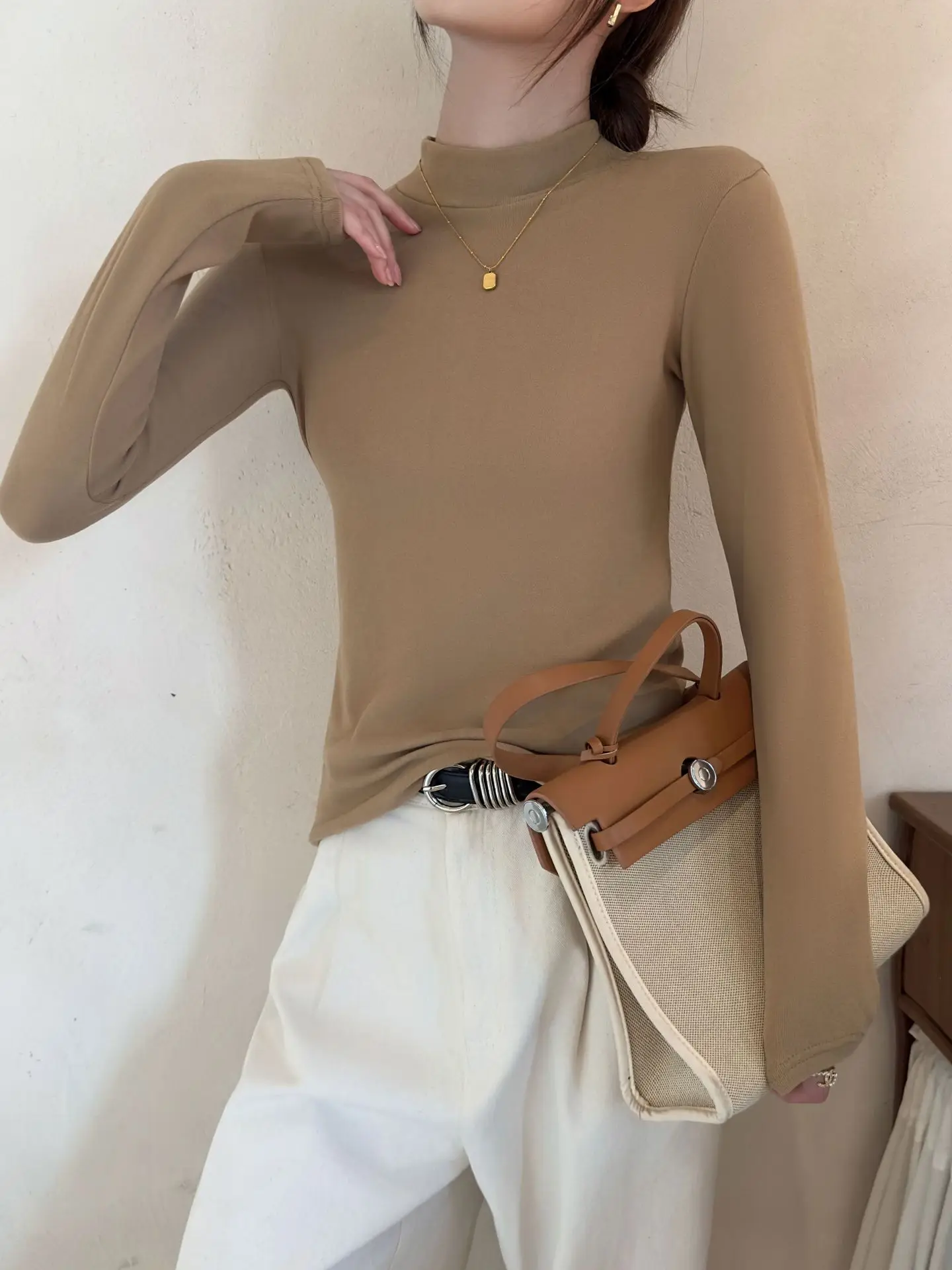Derong Half-Turtleneck Solid Color Shirt Women's Winter Warm — feature 25