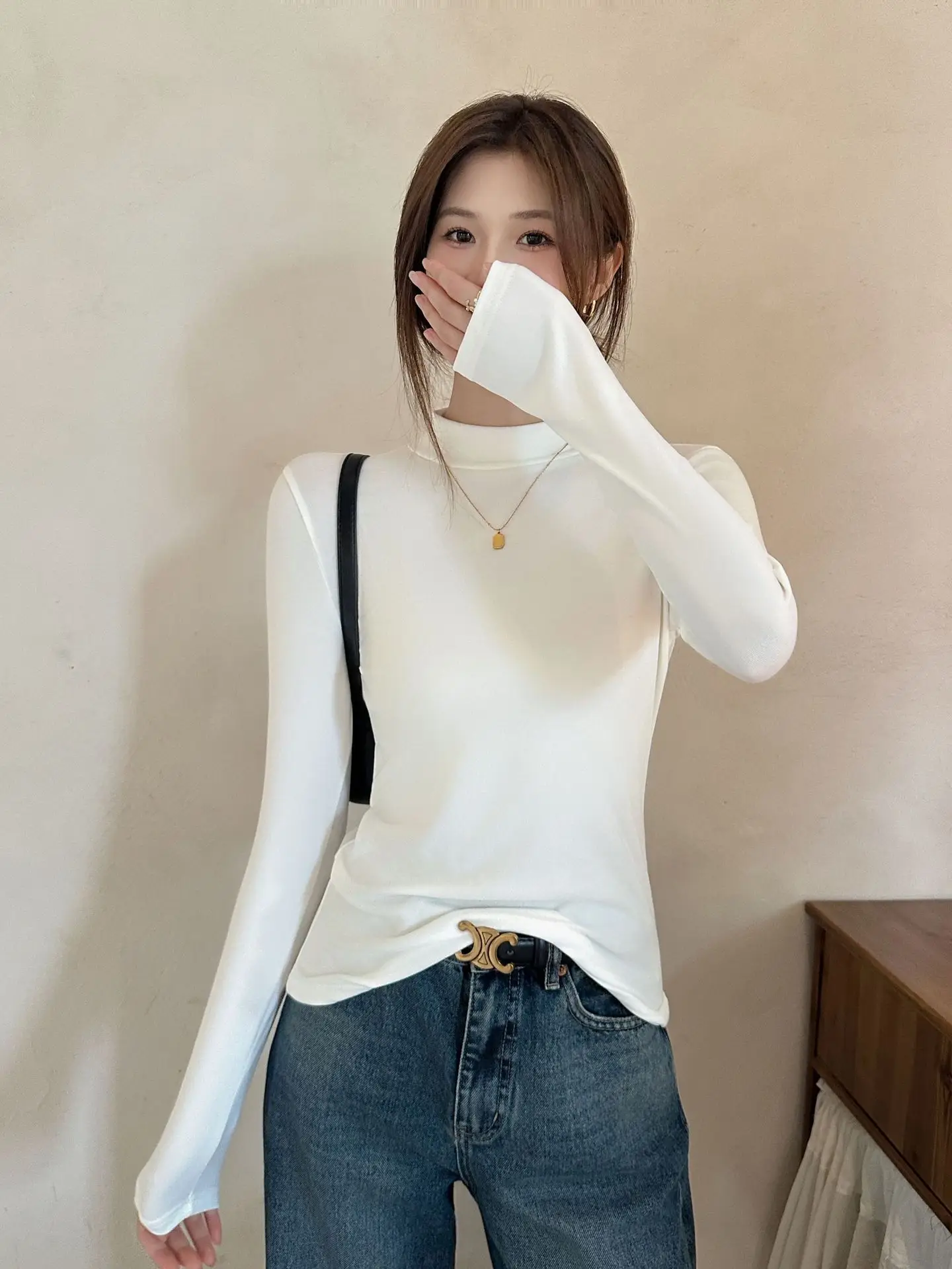 Derong Half-Turtleneck Solid Color Shirt Women's Winter Warm — feature 26
