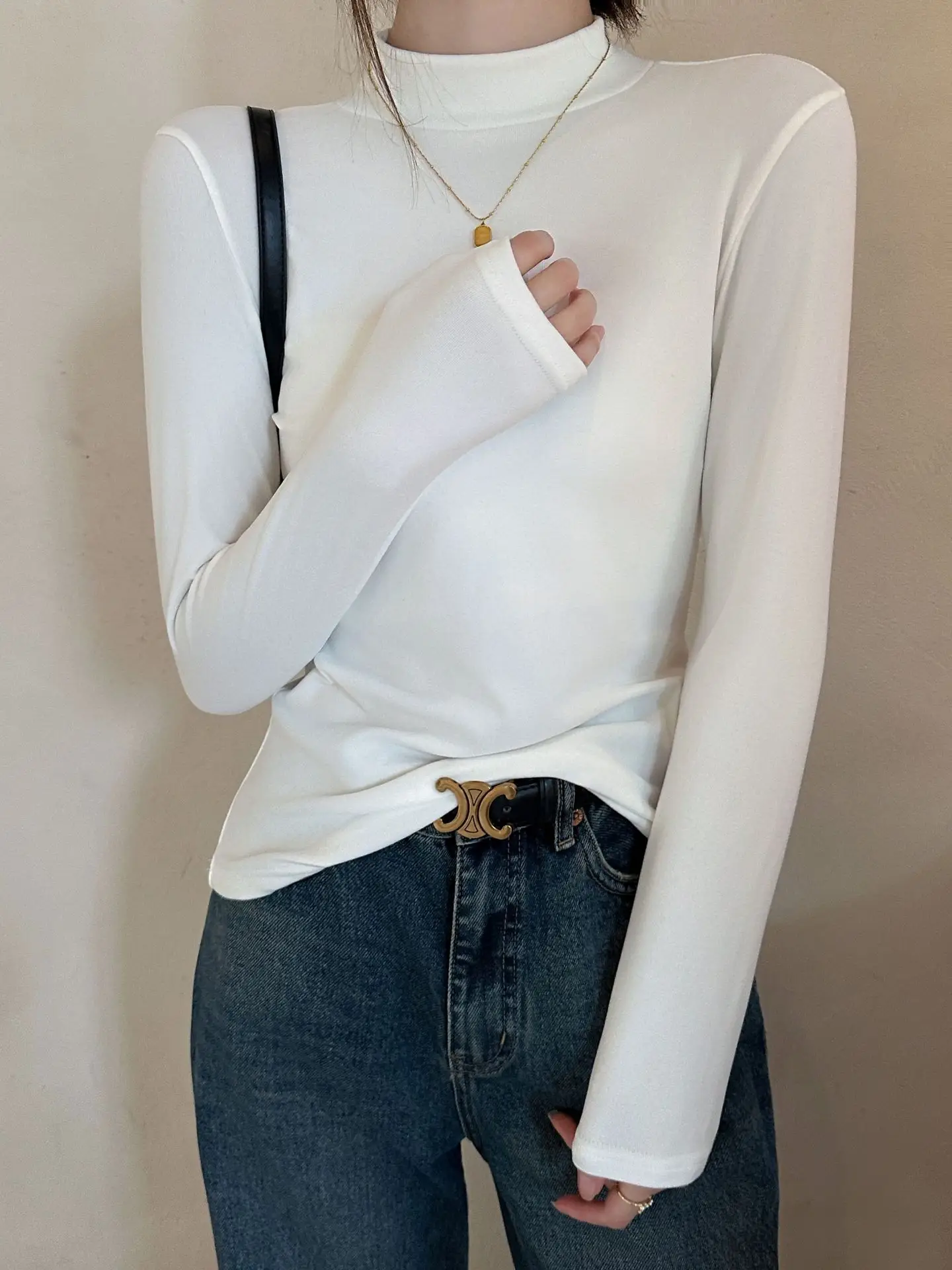 Derong Half-Turtleneck Solid Color Shirt Women's Winter Warm — feature 27