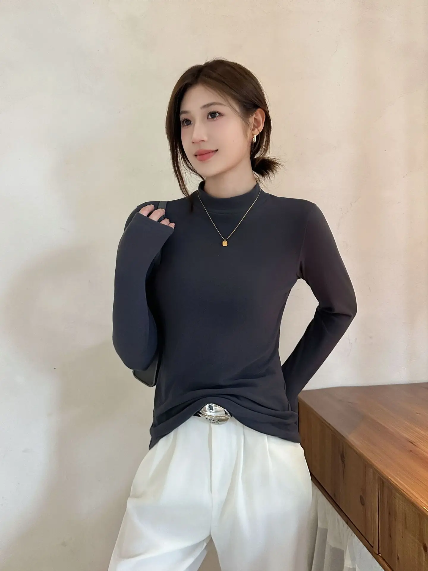 Derong Half-Turtleneck Solid Color Shirt Women's Winter Warm — feature 28