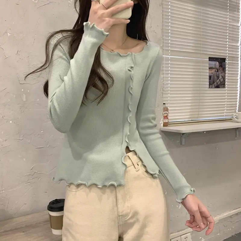Women White Ruffled Knit Top Slim Fit 2025 - Image 2