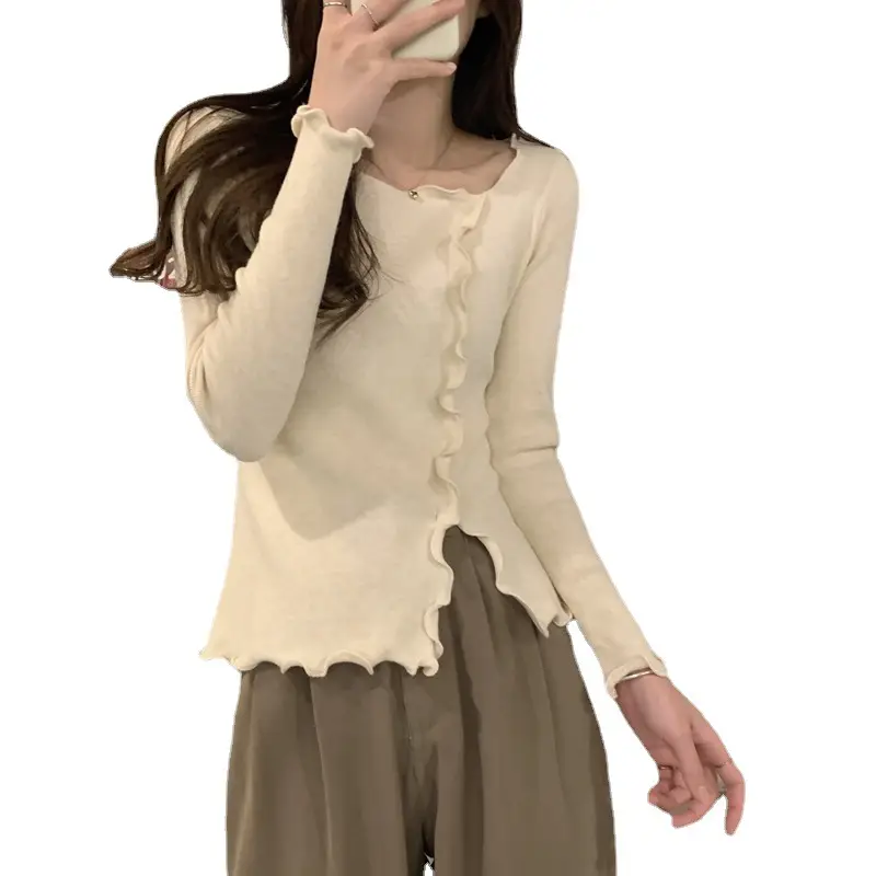 Women White Ruffled Knit Top Slim Fit 2025 - Image 5