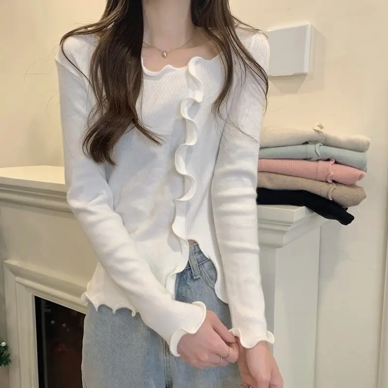 Women White Ruffled Knit Top Slim Fit 2025 — feature 1