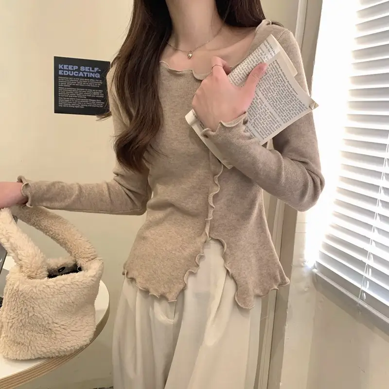 Women White Ruffled Knit Top Slim Fit 2025 — feature 11