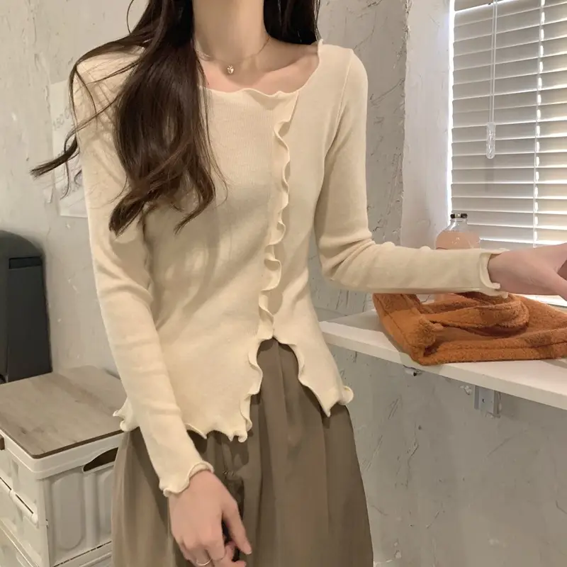 Women White Ruffled Knit Top Slim Fit 2025 — feature 15